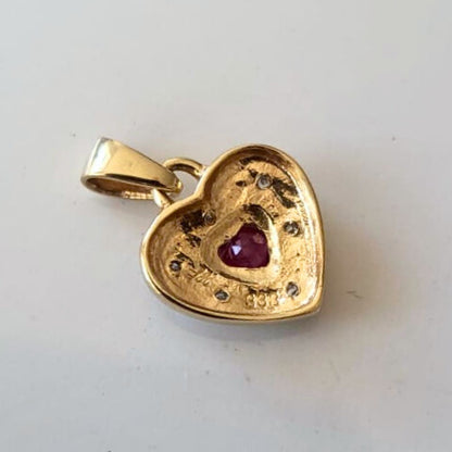 Vintage 8k gouden hanger hartje met robijn en diamantjes