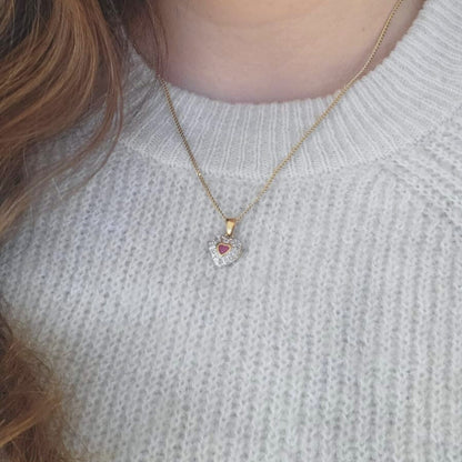 Vintage 8k gouden hanger hartje met robijn en diamantjes