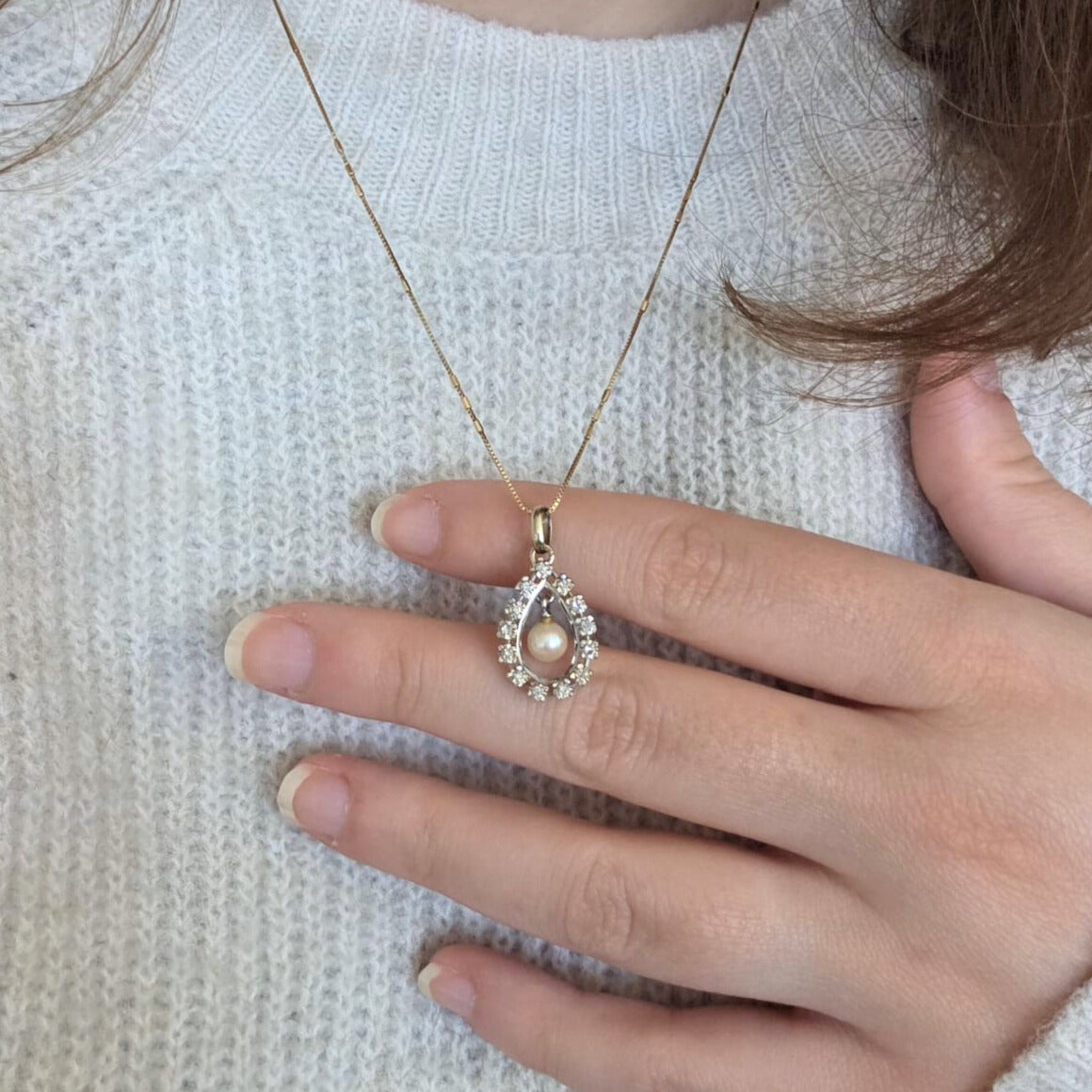 Vintage 14k wit gouden hanger met parel en diamant