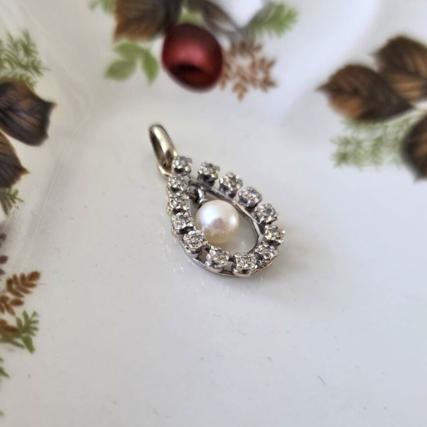 Vintage 14k wit gouden hanger met parel en diamant
