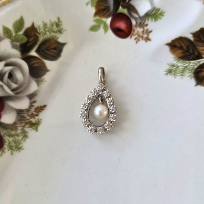 Vintage 14k wit gouden hanger met parel en diamant
