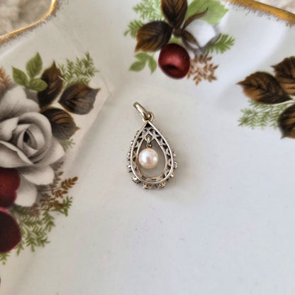 Vintage 14k wit gouden hanger met parel en diamant