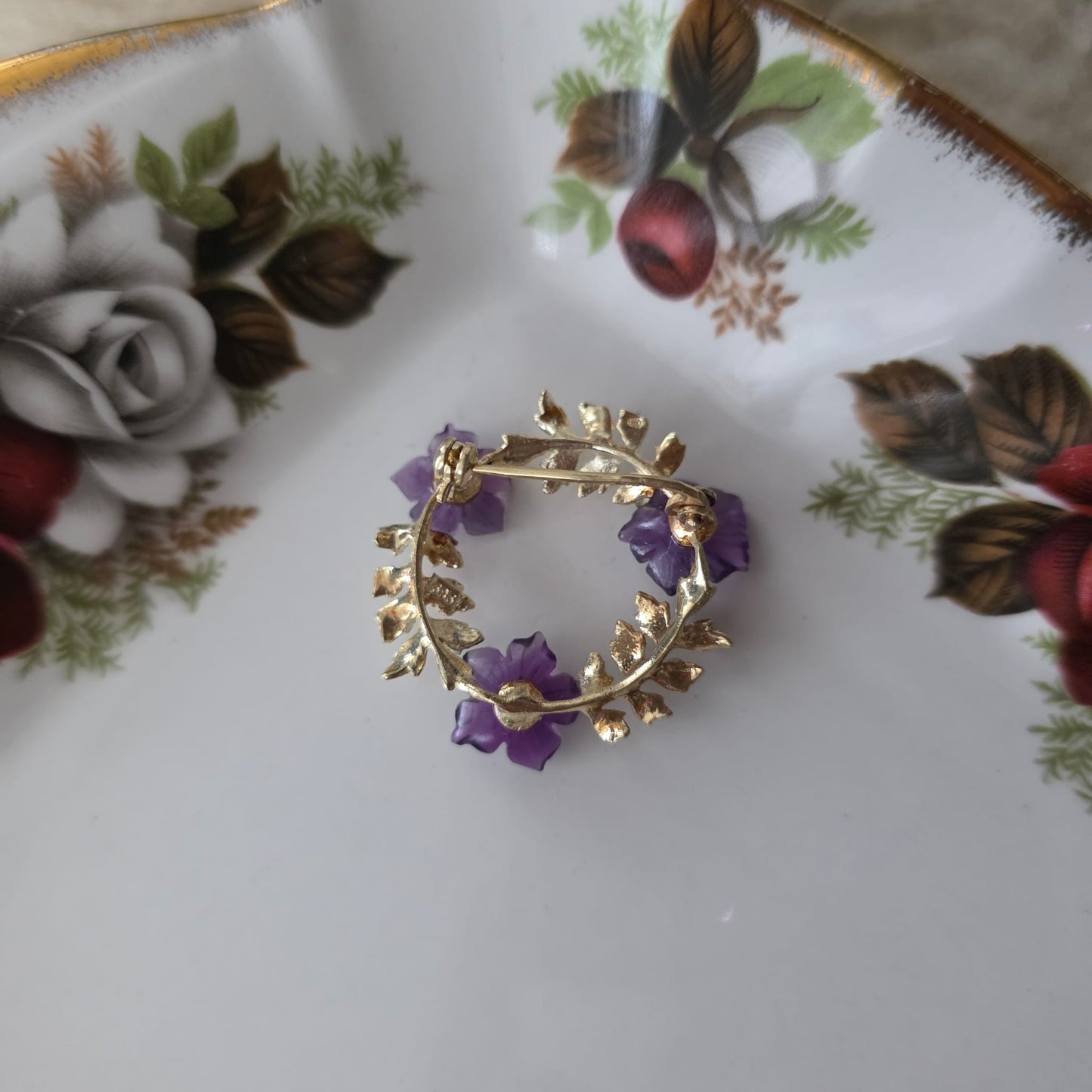 Vintage 14k gouden broche met amethist en parel