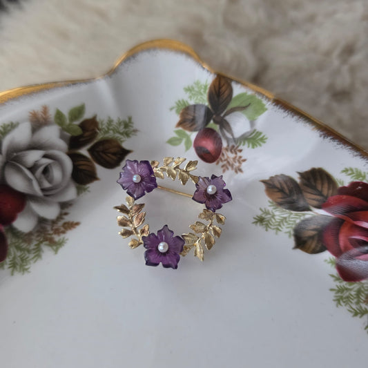 Vintage 14k gouden broche met amethist en parel