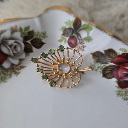 Vintage 14k gouden broche met maansteen cabochon en groene toermalijn