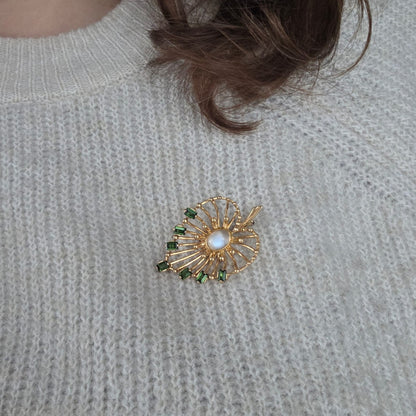 Vintage 14k gouden broche met maansteen cabochon en groene toermalijn