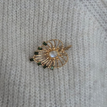 Vintage 14k gouden broche met maansteen cabochon en groene toermalijn
