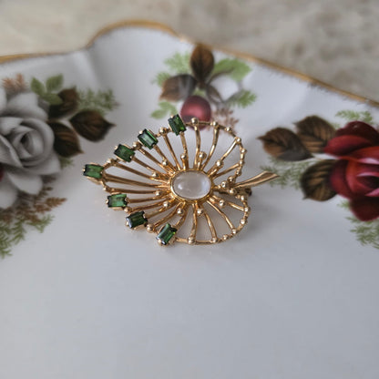 Vintage 14k gouden broche met maansteen cabochon en groene toermalijn