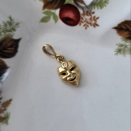Vintage 18k gouden hanger met diamant masker