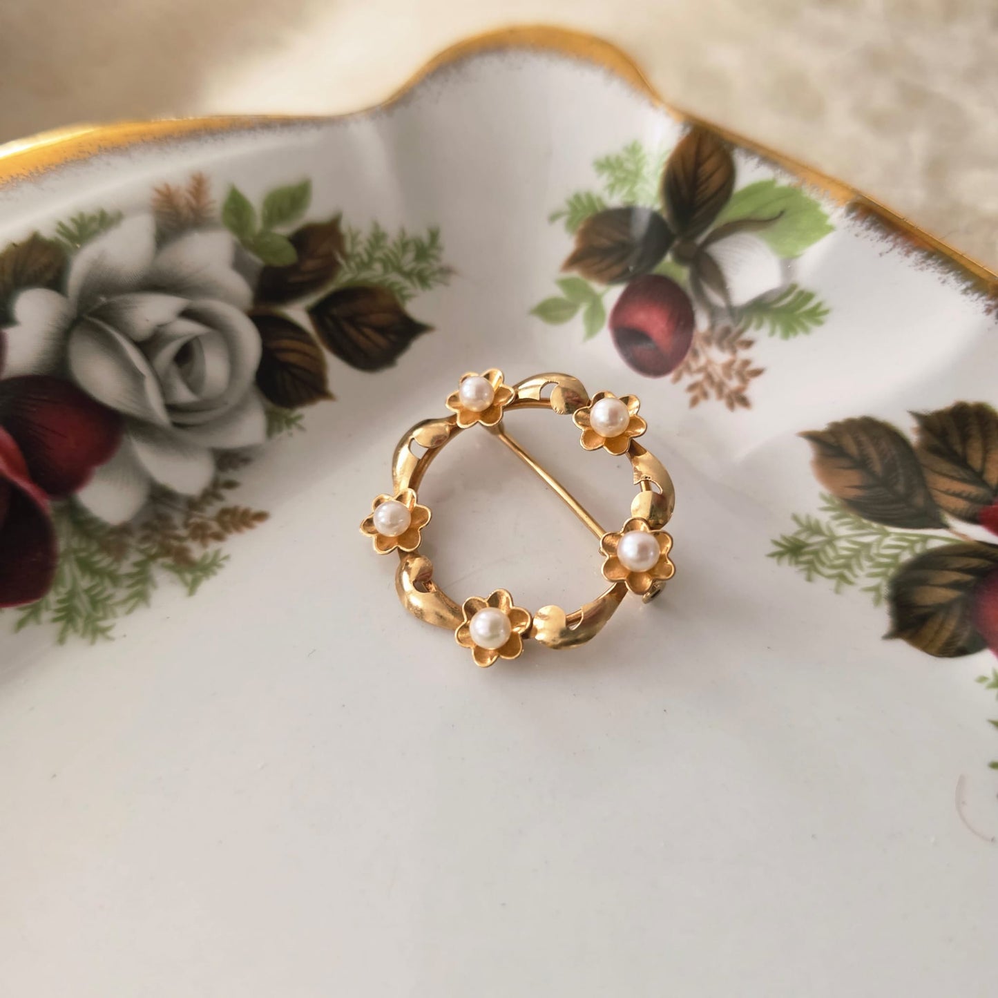 Vintage 18k gouden broche met parels