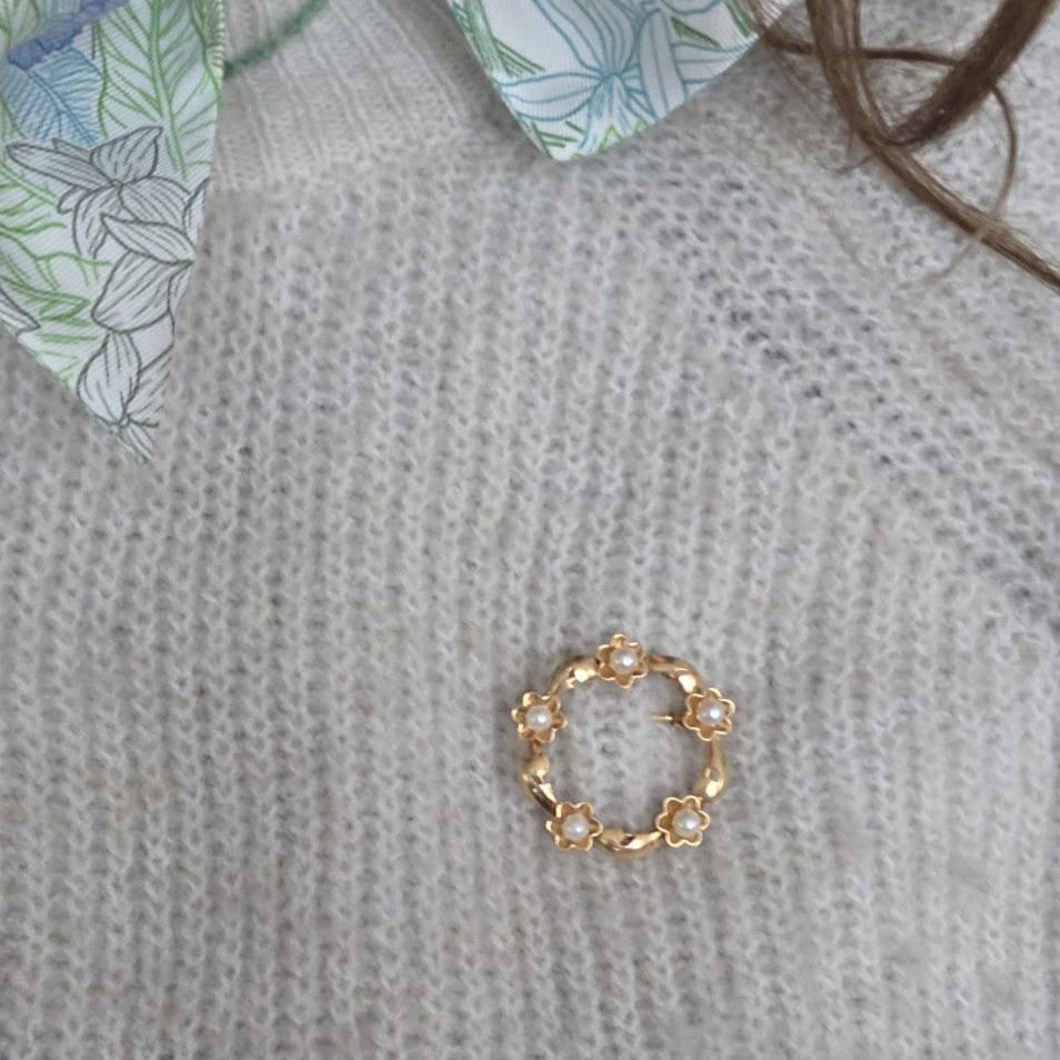 Vintage 18k gouden broche met parels