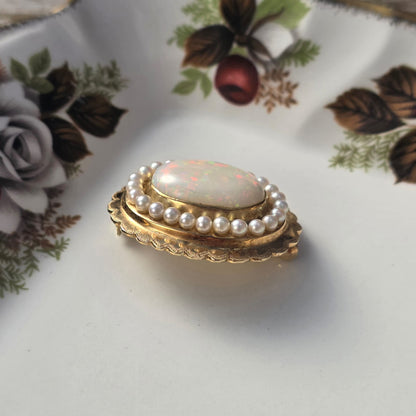 Vintage 14k gouden broche opaal en zaadparels