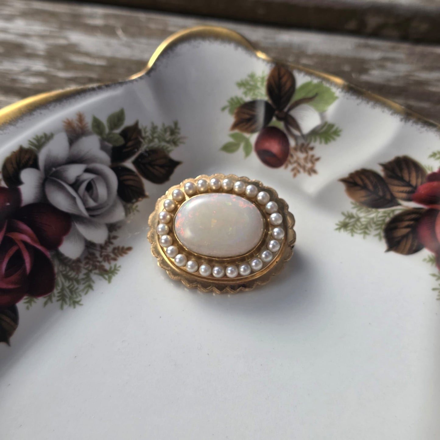 Vintage 14k gouden broche opaal en zaadparels