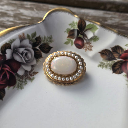 Vintage 14k gouden broche opaal en zaadparels