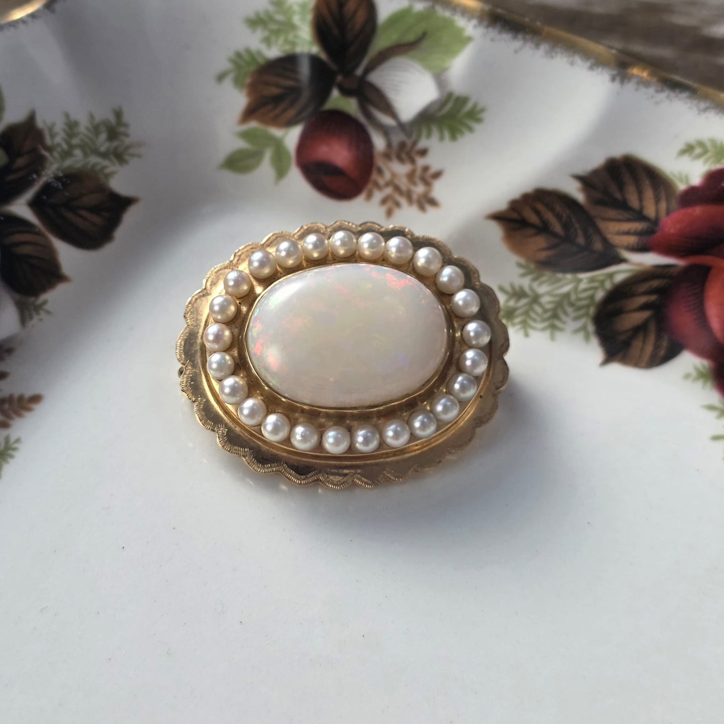 Vintage 14k gouden broche opaal en zaadparels