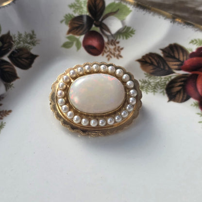 Vintage 14k gouden broche opaal en zaadparels