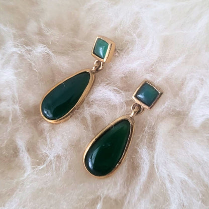 Barse Brons en Zilver Oorhangers Drup Groene Onyx