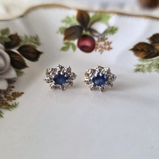 Vintage 14k gouden oorstekers lady diana saffier en diamantjes