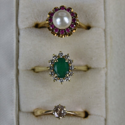 Vintage 14k gouden ring met smaragd en diamant