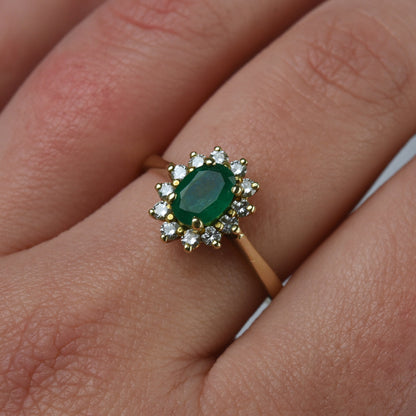 Vintage 14k gouden ring met smaragd en diamant