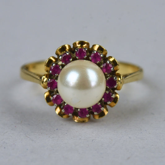 Vintage 18k gouden ring met parel en robijn