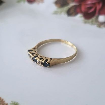 Vintage 14k gouden ring met saffier en diamantjes