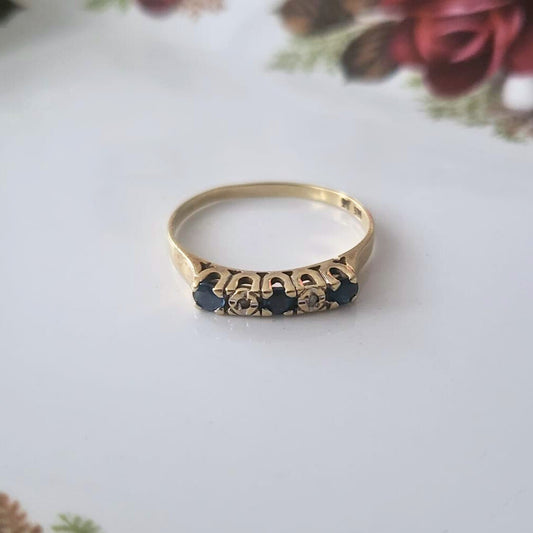 Vintage 14k gouden ring met saffier en diamantjes