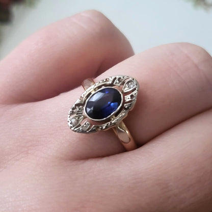 Antieke 14k gouden art deco ring met saffier
