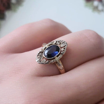 Antieke 14k gouden art deco ring met saffier