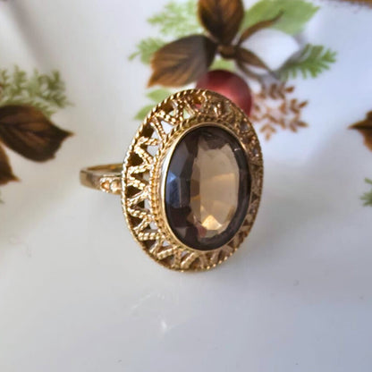 Vintage 14k gouden ring met rookkwarts