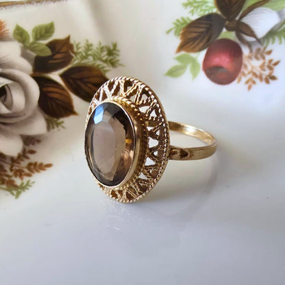 Vintage 14k gouden ring met rookkwarts