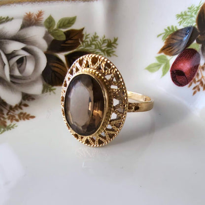 Vintage 14k gouden ring met rookkwarts