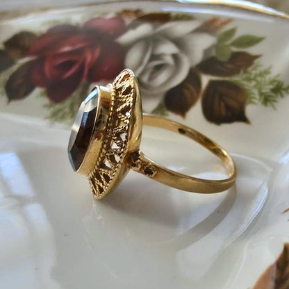 Vintage 14k gouden ring met rookkwarts