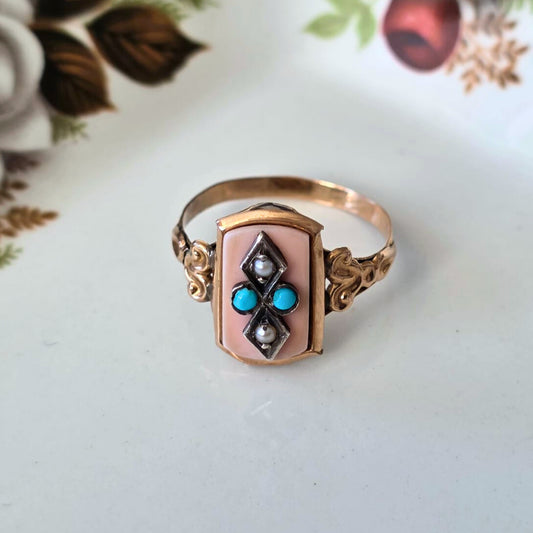 Antieke 14k rosé gouden ring met pareltjes