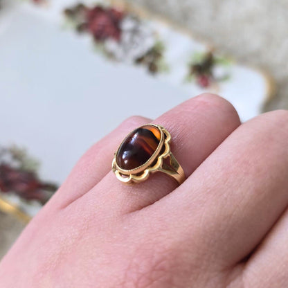 Vintage 14k gouden ring met streepagaat bloem