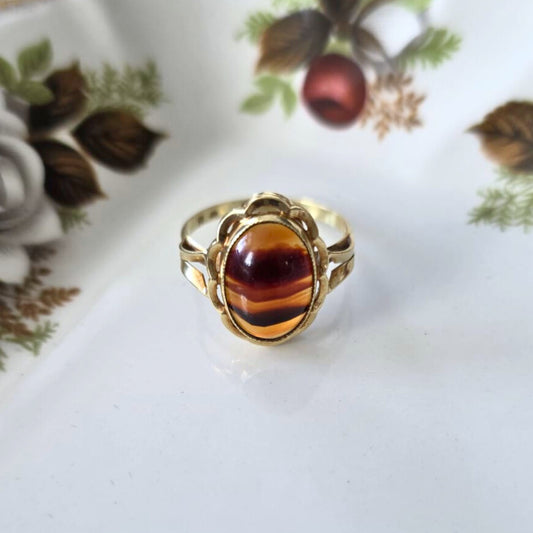 Vintage 14k gouden ring met streepagaat bloem