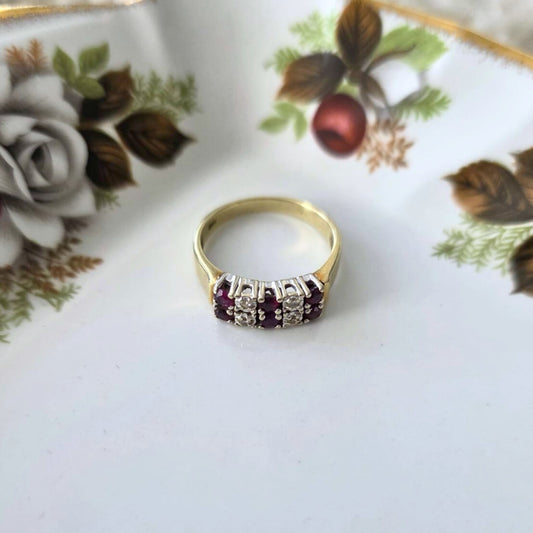 Vintage 14k gouden ring met granaat en diamant