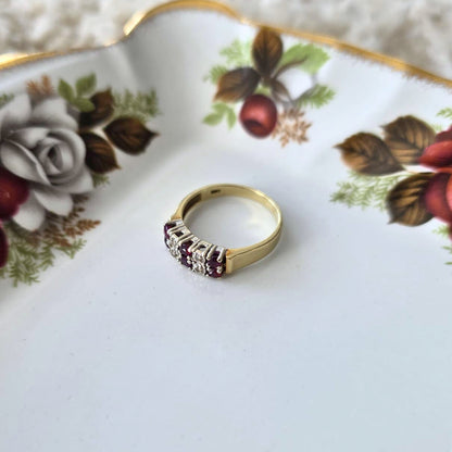 Vintage 14k gouden ring met granaat en diamant