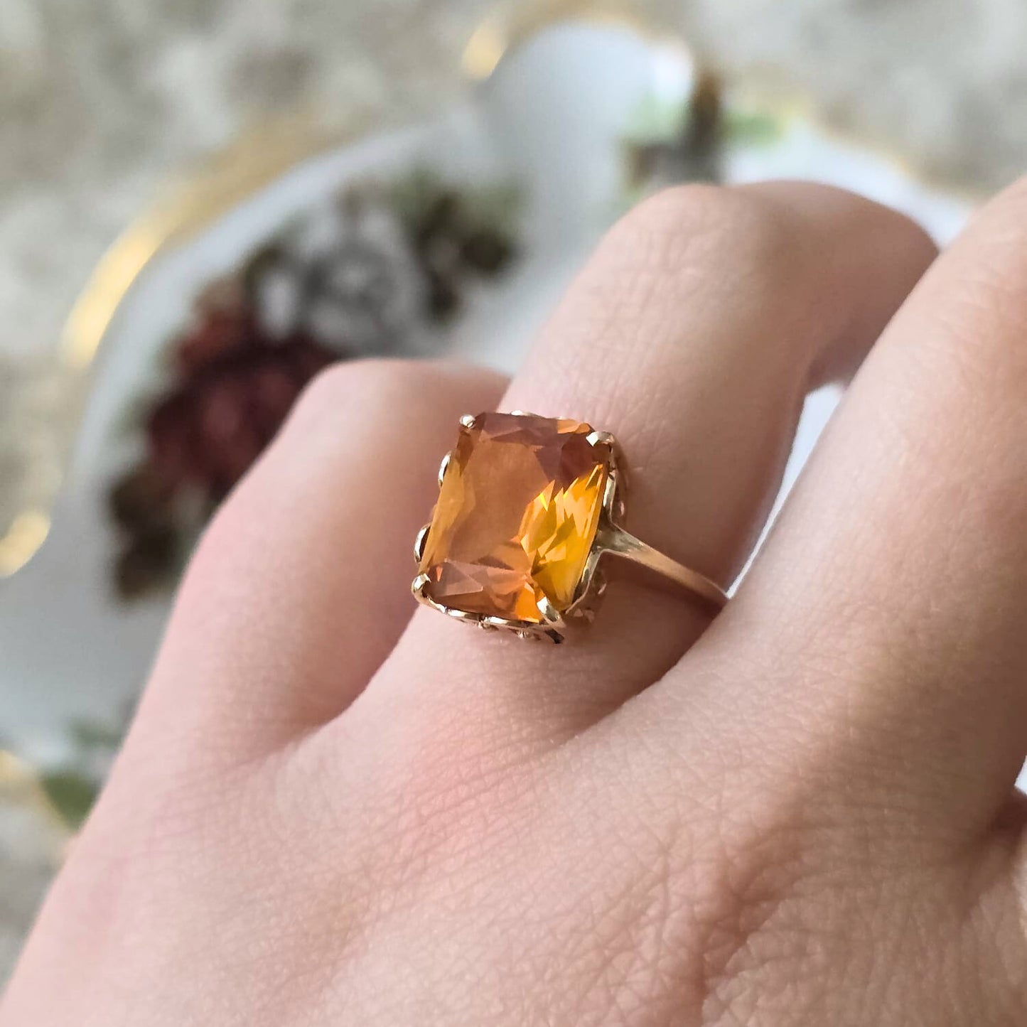 Vintage 14k gouden ring met oranje saffier