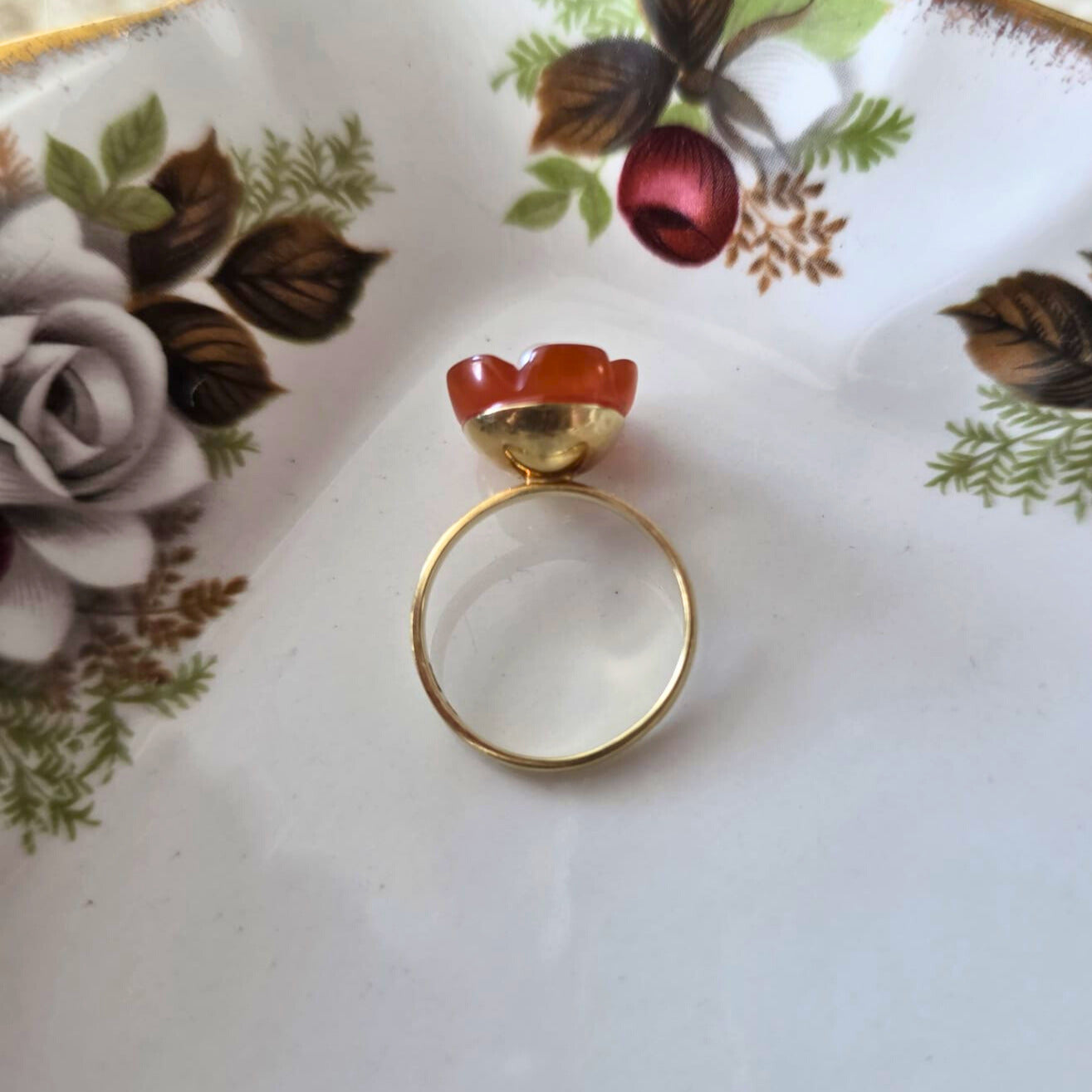 Vintage 14k gouden ring bloem carneool en parel