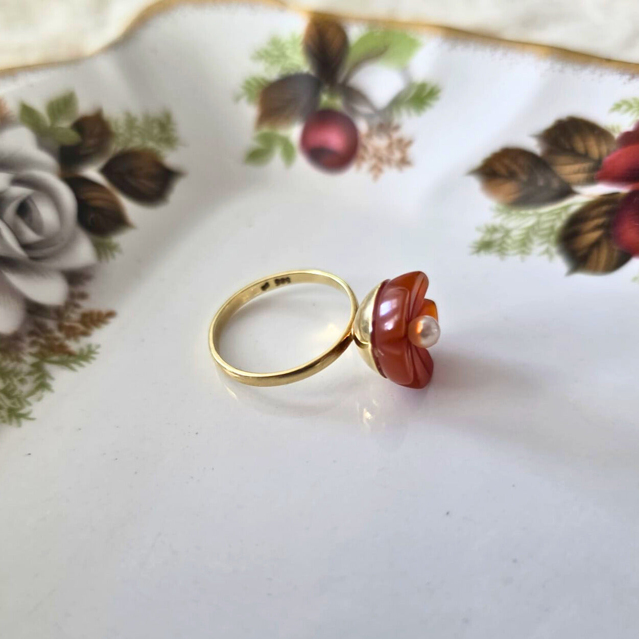Vintage 14k gouden ring bloem carneool en parel