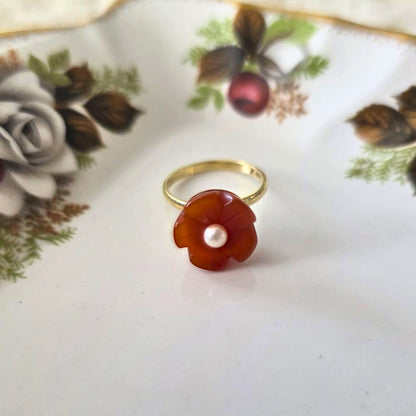 Vintage 14k gouden ring bloem carneool en parel