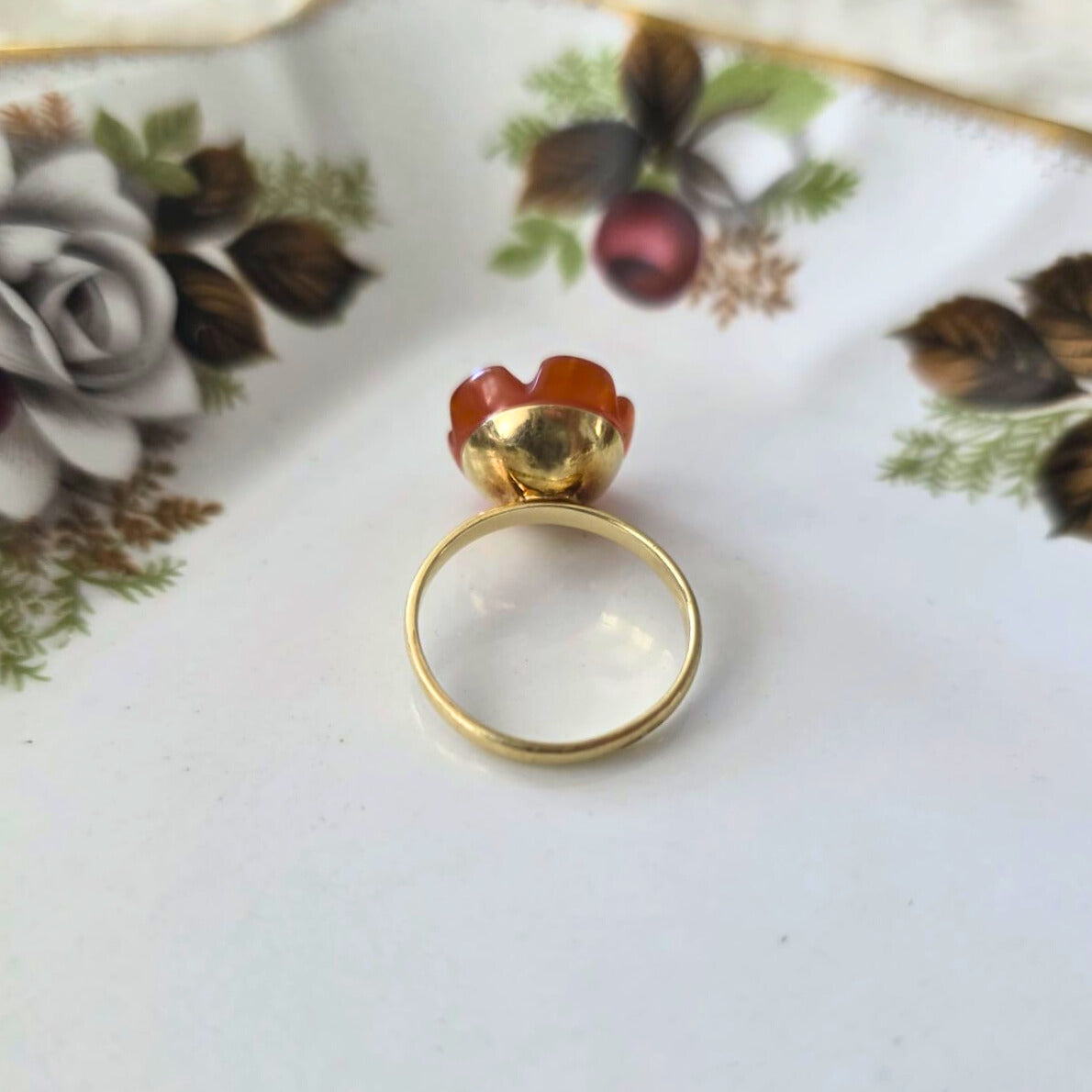 Vintage 14k gouden ring bloem carneool en parel