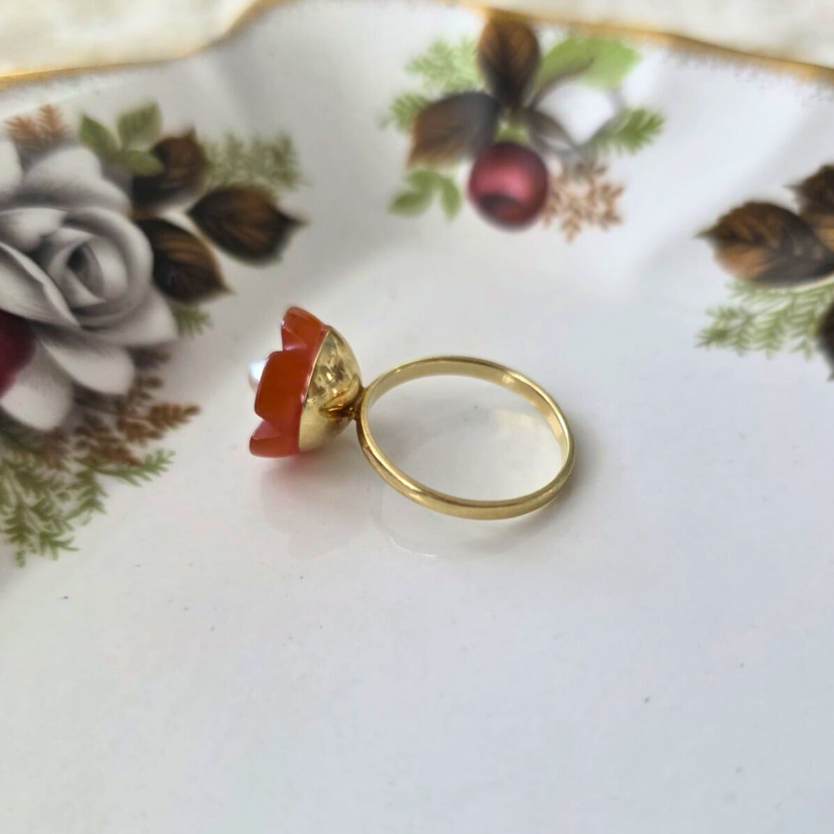 Vintage 14k gouden ring bloem carneool en parel