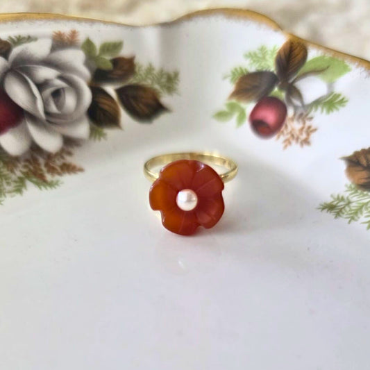 Vintage 14k gouden ring bloem carneool en parel
