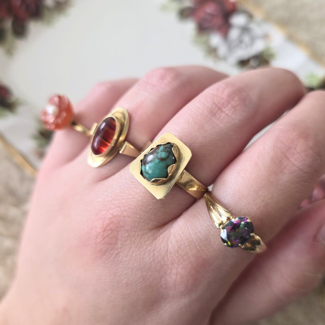 Vintage 14k gouden ring met mystic topaas