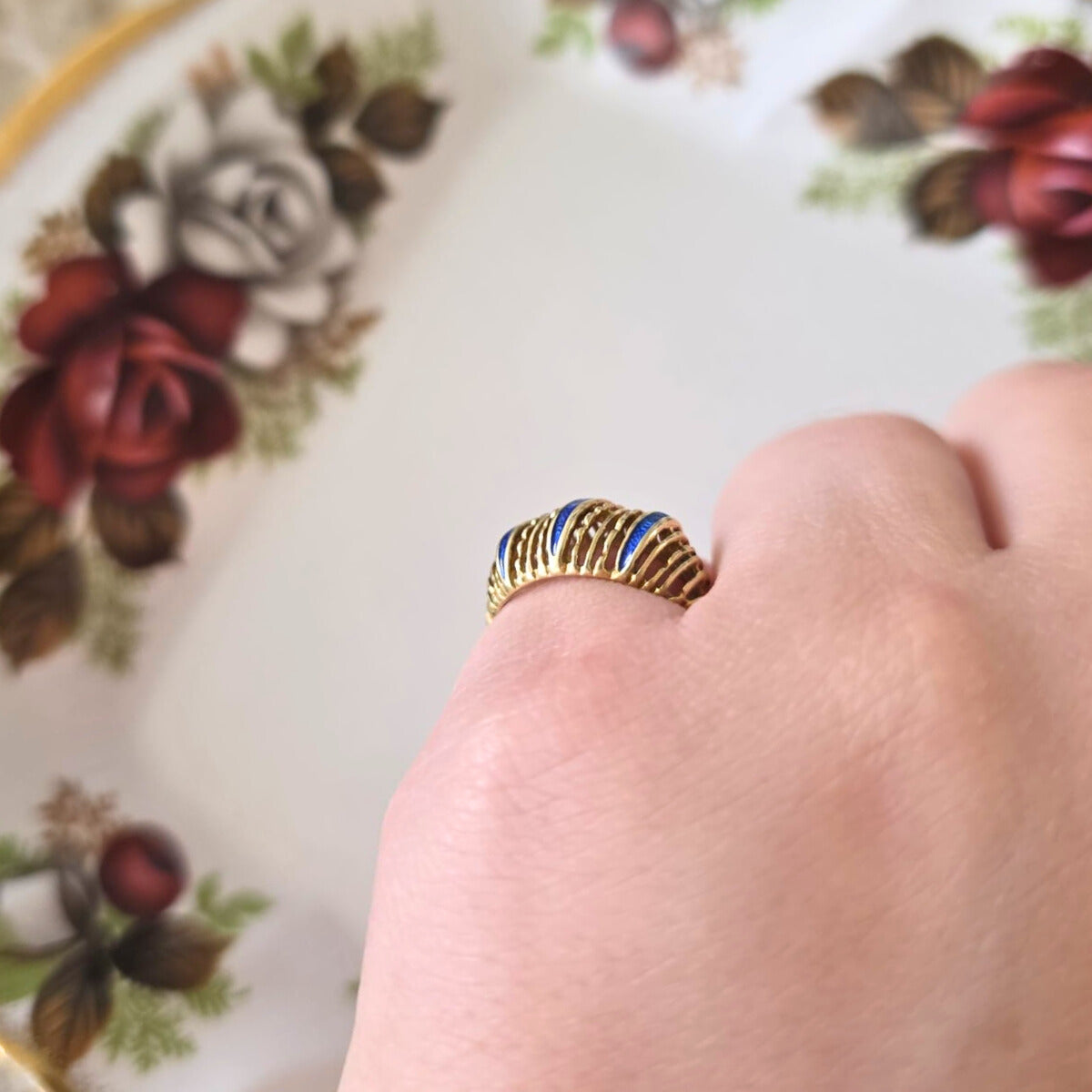 Vintage 14k gouden ring met blauwe emaille