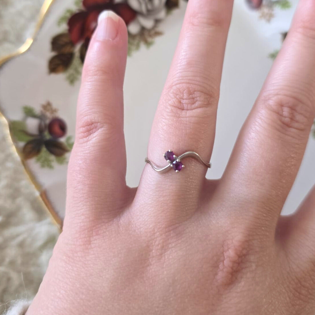 Vintage 14k wit gouden ring met granaat