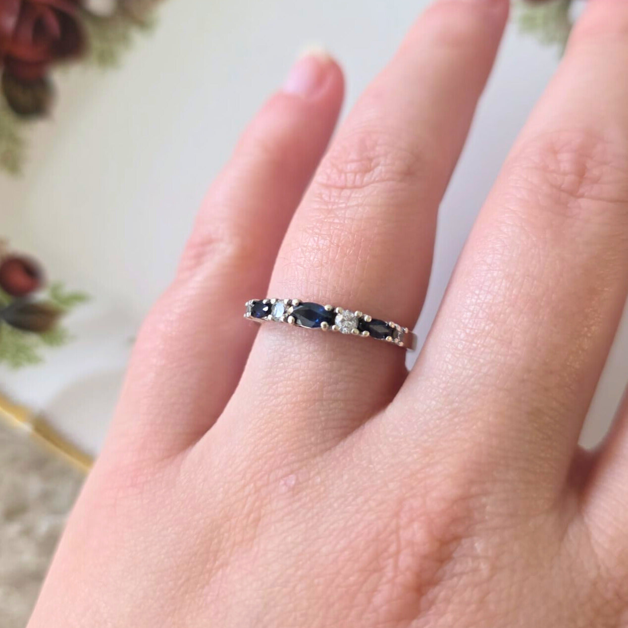 Vintage 9k wit gouden ring met saffier en kwarts