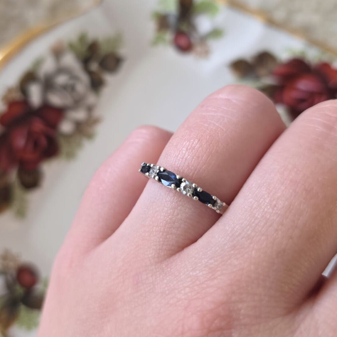 Vintage 9k wit gouden ring met saffier en kwarts